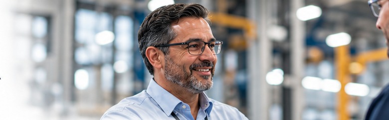 Ingeniero sonriendo en una planta industrial