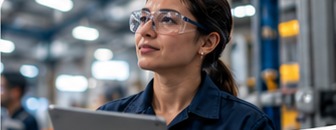 Ingeniera con lentes de seguridad y tableta en planta