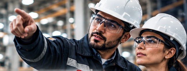 Dos ingenieros con casco en una planta industrial